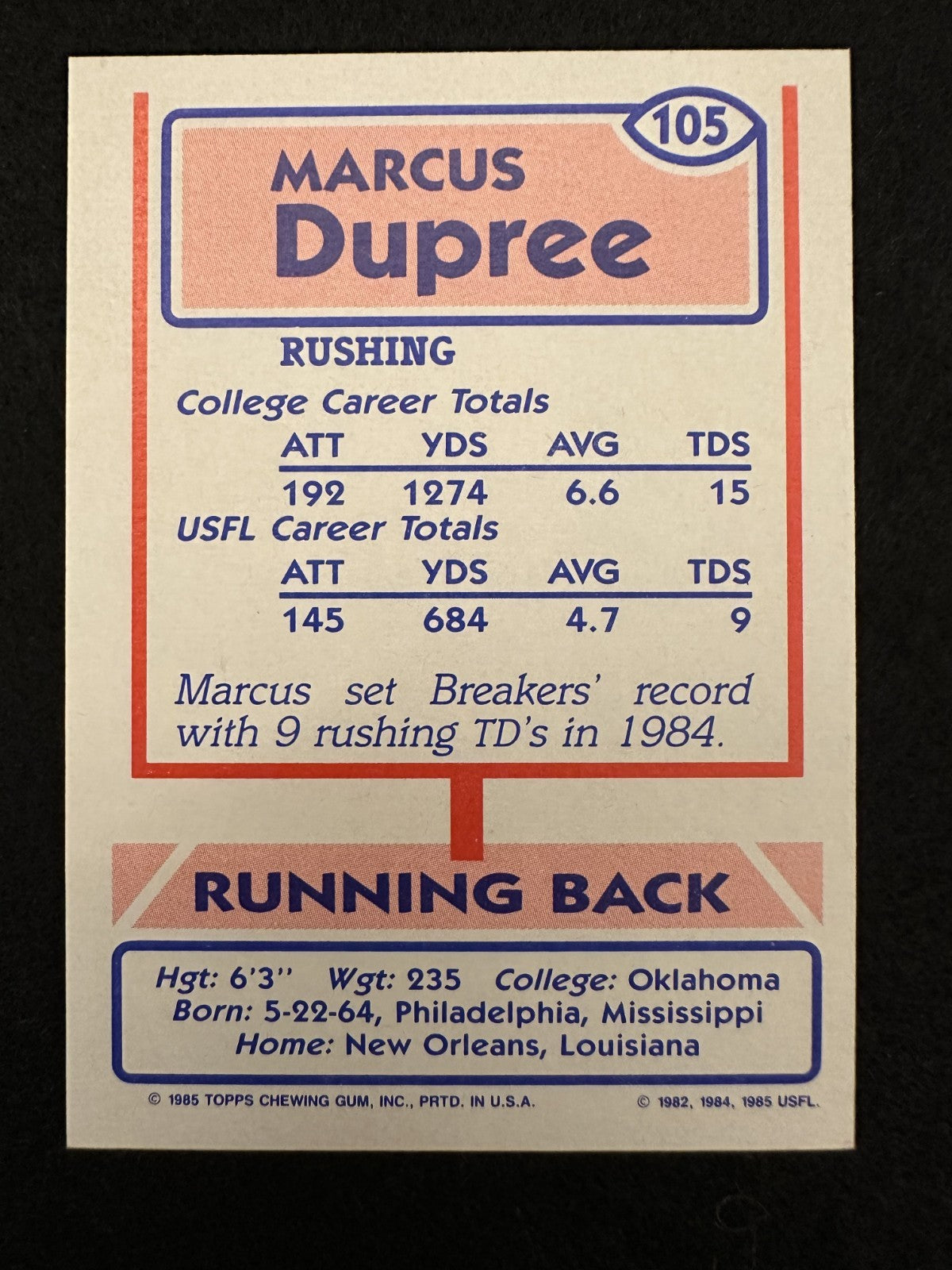 1985 Topps USFL Marcus Dupree (#105) NM Rookie Card, College Phenom ^GRUMPYBUCK^