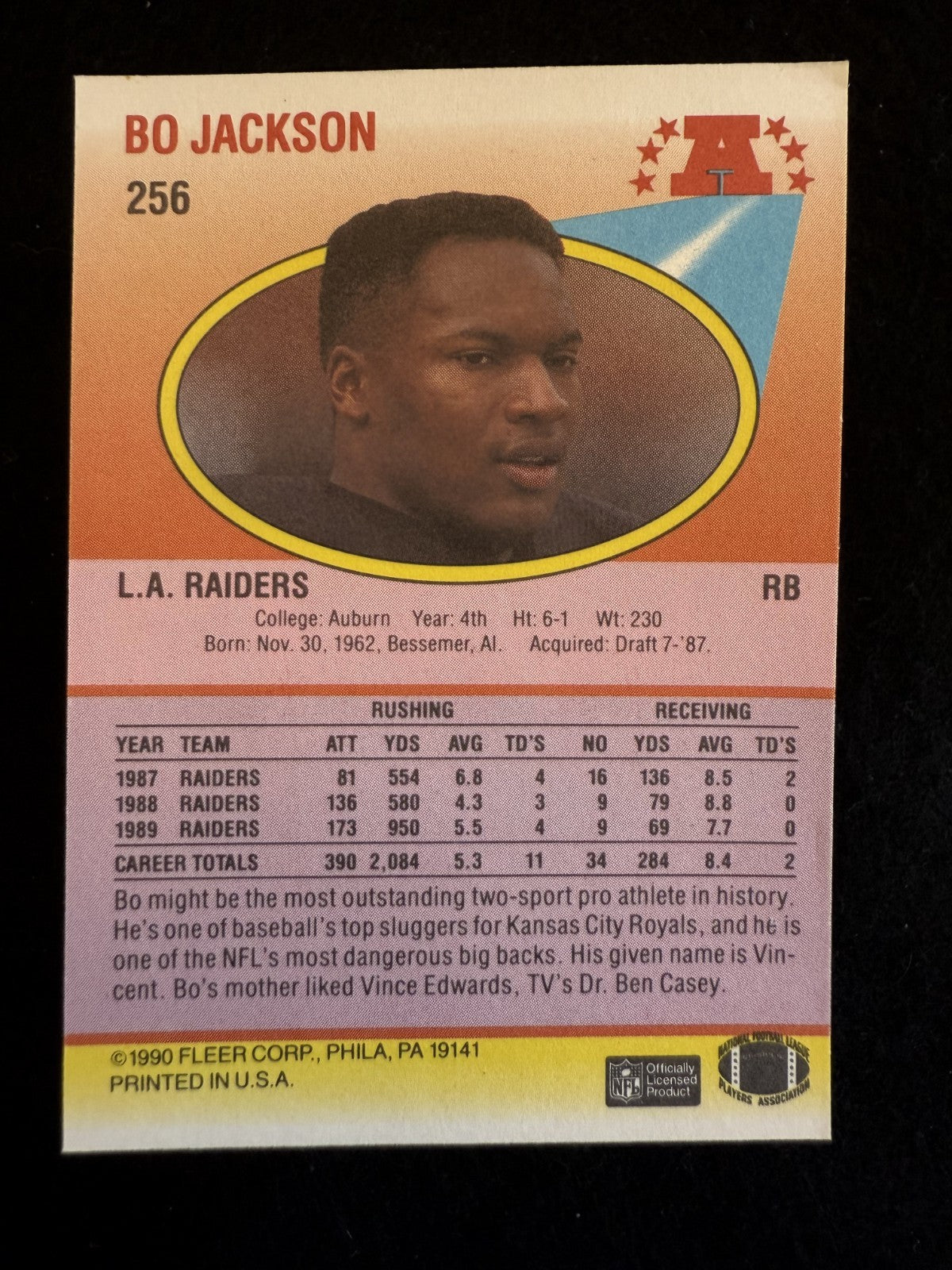 1990 Fleer Bo Jackson (#256) NM Raiders Great, Heisman Winner ^GRUMPYBUCK^