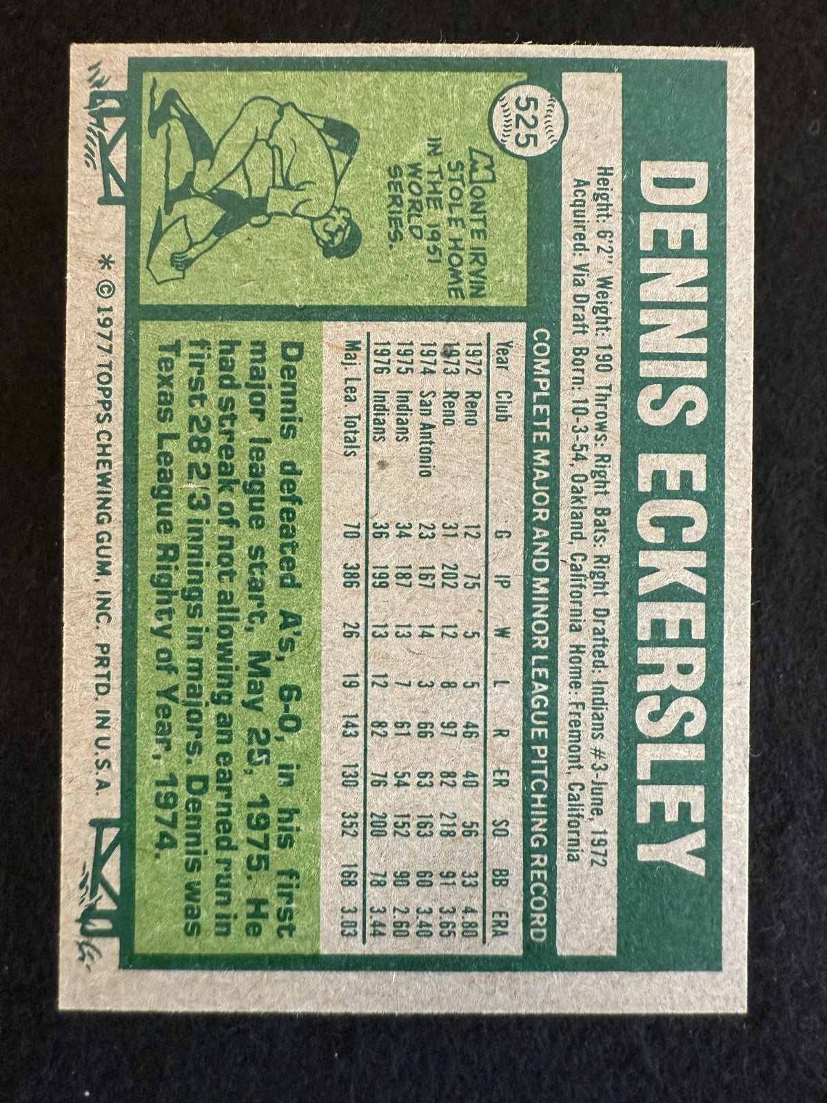 1977 Topps Dennis Eckersley (#525) EX HOFer, WS Champ ^GRUMPYBUCK^