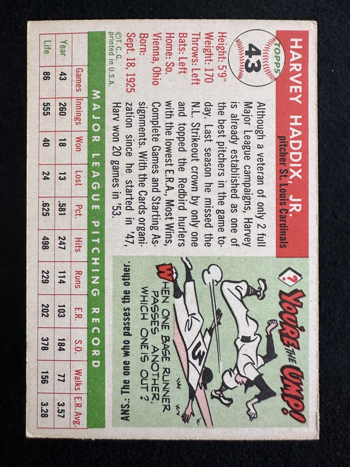 1955 Topps Harvey Haddix (#43) EX All-Star P, Pirates/Cardinals ^GRUMPYBUCK^