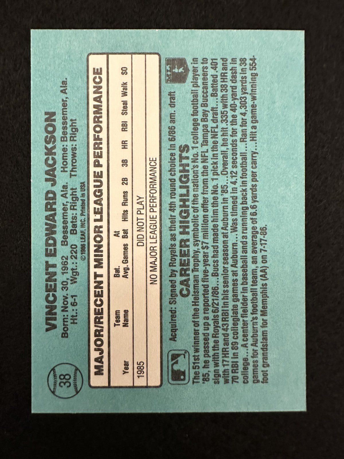 1986 Donruss The Rookies Bo Jackson (#38) NM Rookie Card, 2 Sports ^GRUMPYBUCK^
