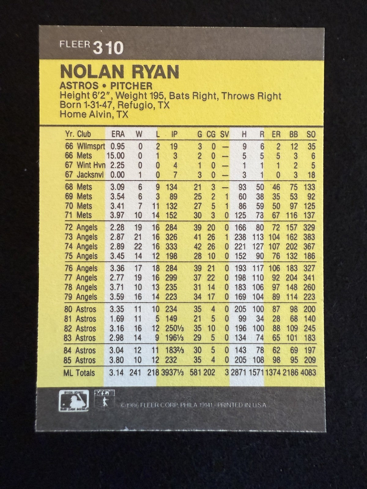 1986 Fleer Nolan Ryan (#310) NM HOFer, Astros Flame Thrower ^GRUMPYBUCK^