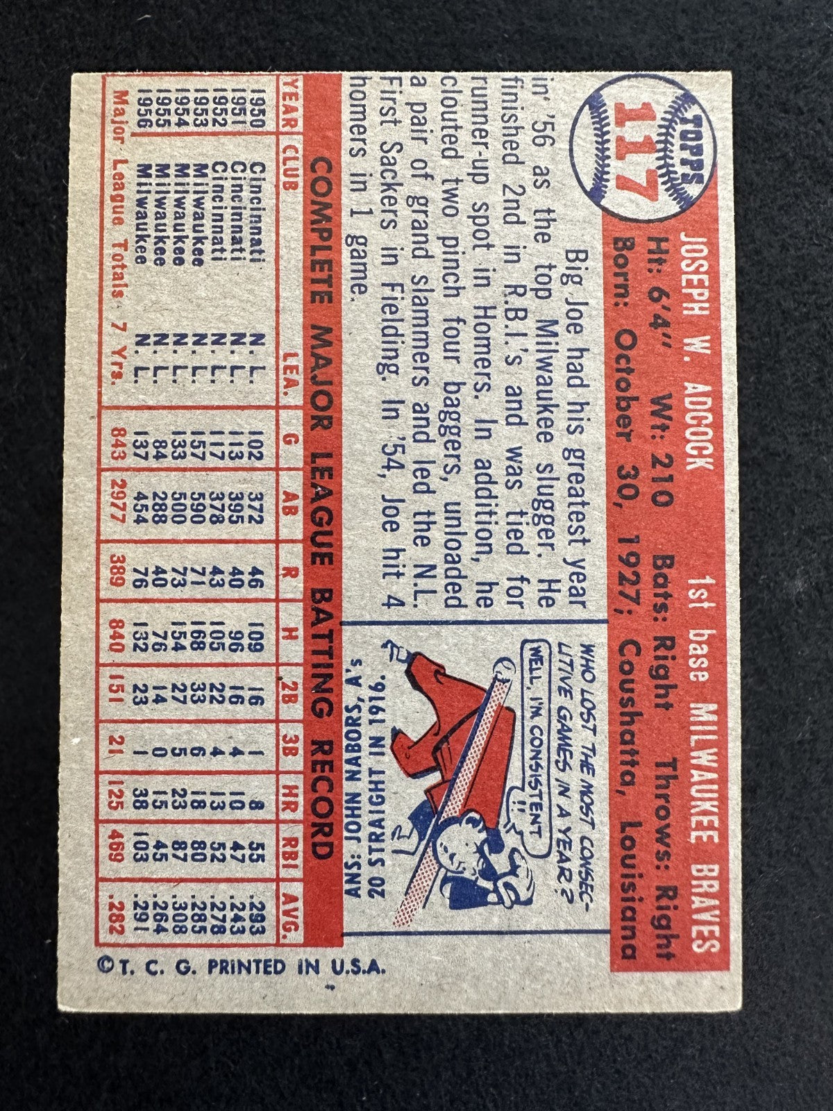 1957 Topps Joe Adcock (#117) EX Braves Power Hitter ^GRUMPYBUCK^