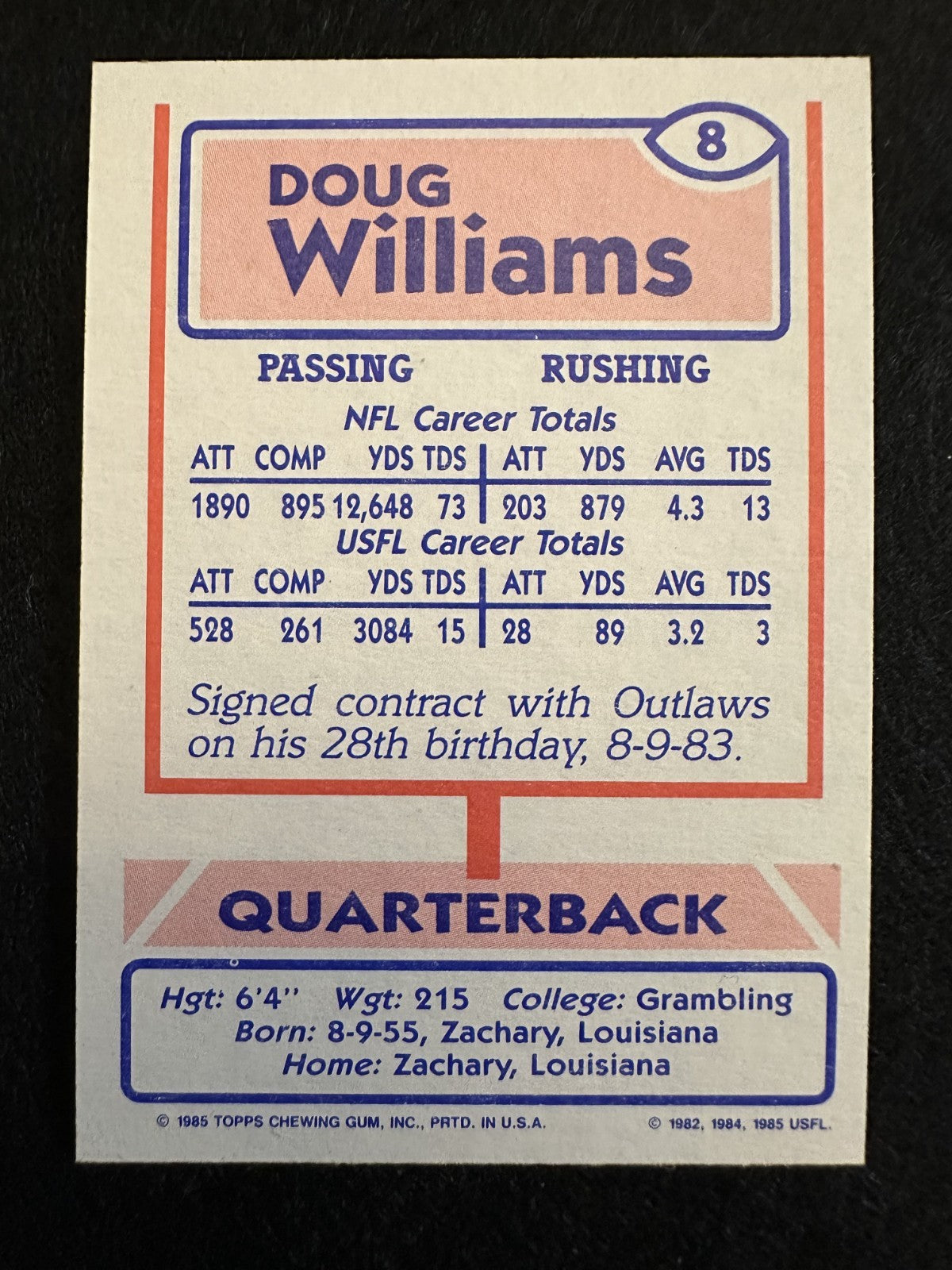 1985 Topps USFL Doug Williams (#8) NM SB Champ, Bucs & USFL Star ^GRUMPYBUCK^