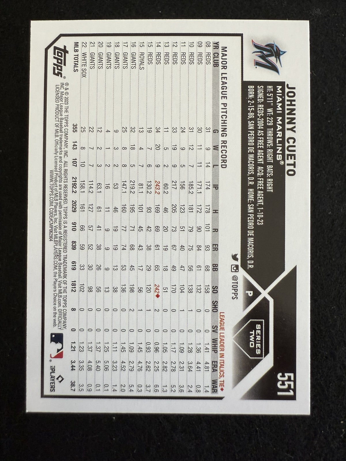 2023 Topps Series 2 Johnny Cueto (#551) MINT Gold /2023 ^GRUMPYBUCK^