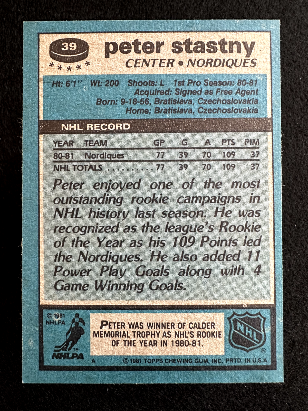 1981–82 Topps Peter Stastny (#39) NM HOFer, Rookie Card, Nordiques ^GRUMPYBUCK^