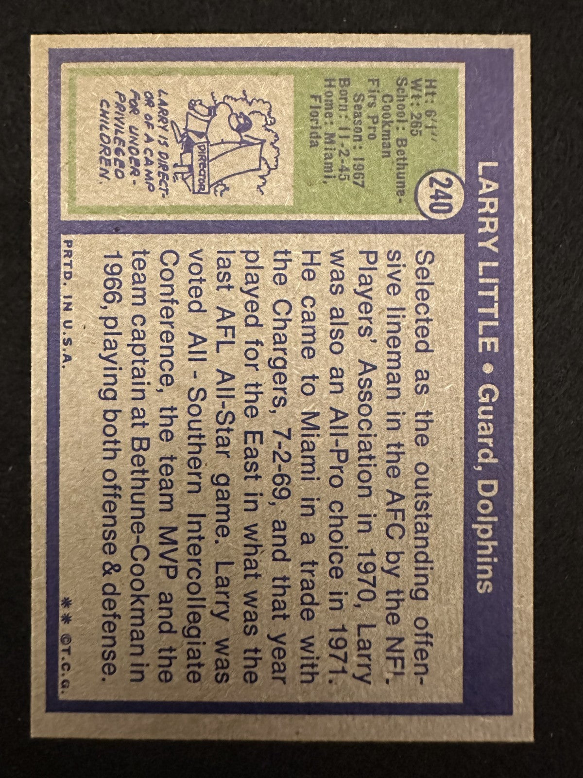 1972 Topps Larry Little (#240) NM Rookie Card, HOFer, Dolphin Great ^GRUMPYBUCK^