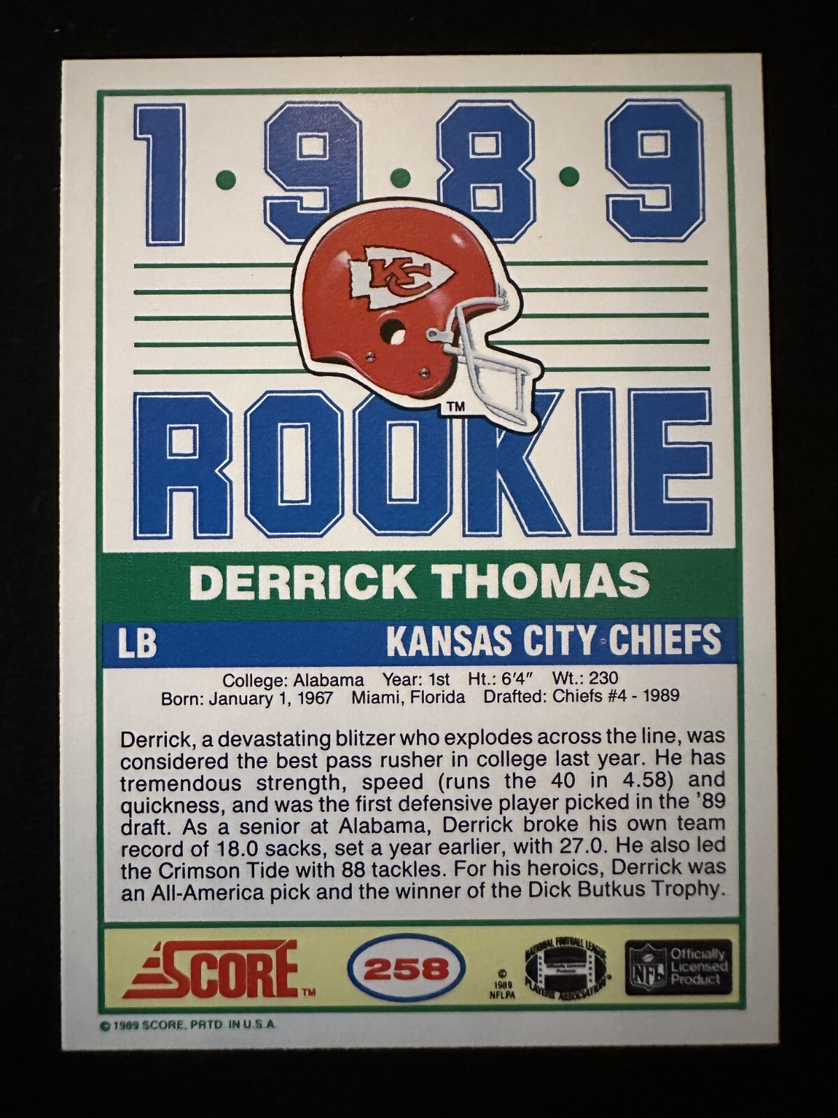 1989 Score Derrick Thomas (#258) NM HOFer, Rookie Card ^GRUMPYBUCK^
