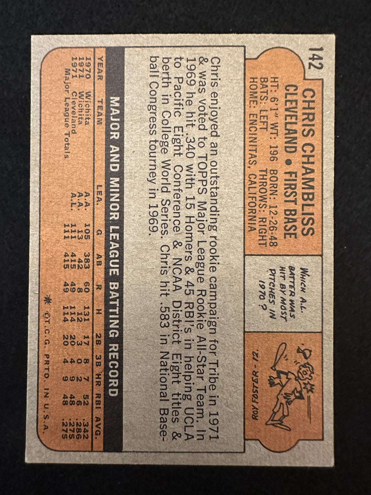 1972 Topps Chris Chambliss (#142) EX Rookie Card, Yankees/Indians ^GRUMPYBUCK^