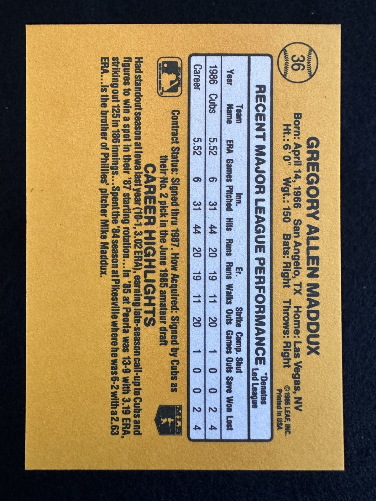 1987 Donruss Greg Maddux (#36) NM Rookie Card, HOFer ^GRUMPYBUCK^
