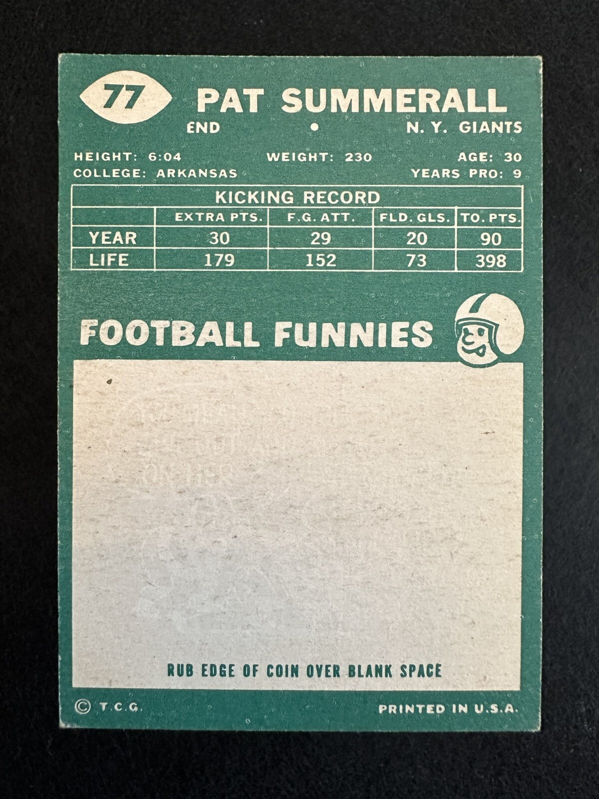 1960 Topps Pat Summerall (#77) EX NFL Champ, Broadcasting Great ^GRUMPYBUCK^