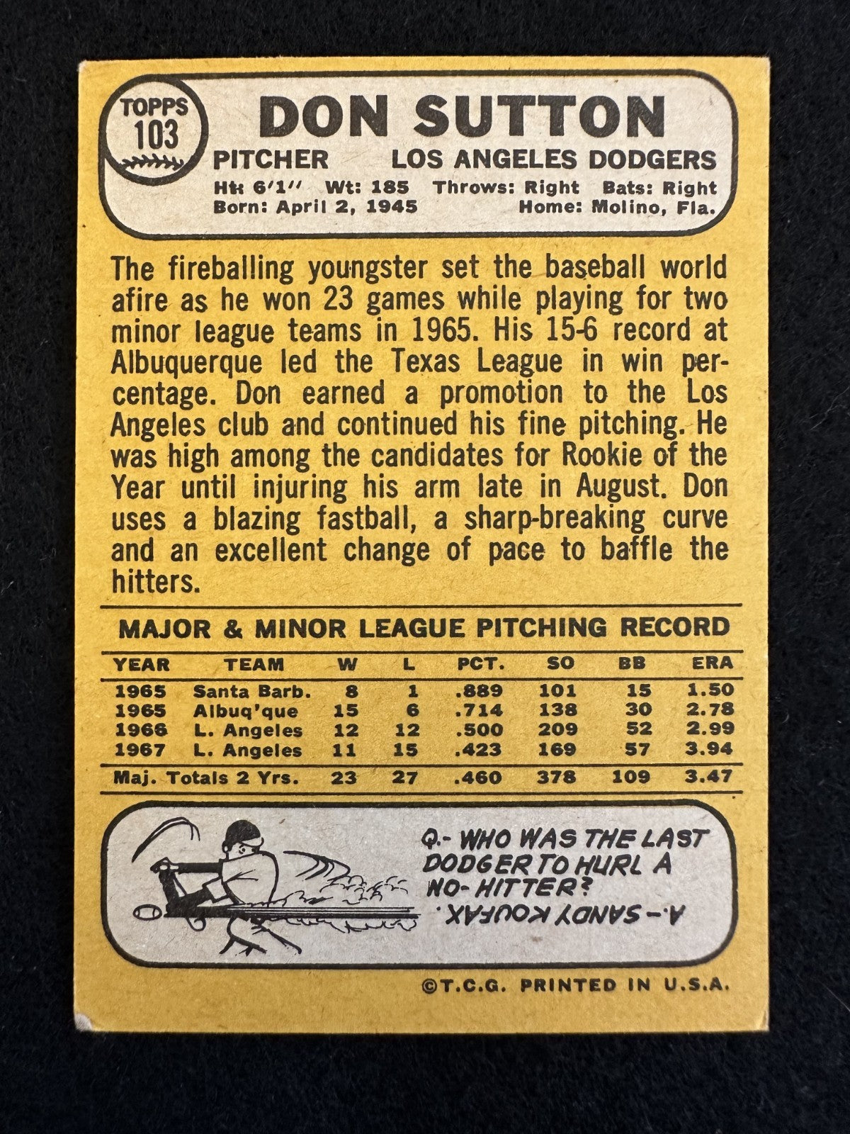 1968 Topps Don Sutton (#103) NM HOFer, Dodgers Great ^GRUMPYBUCK^