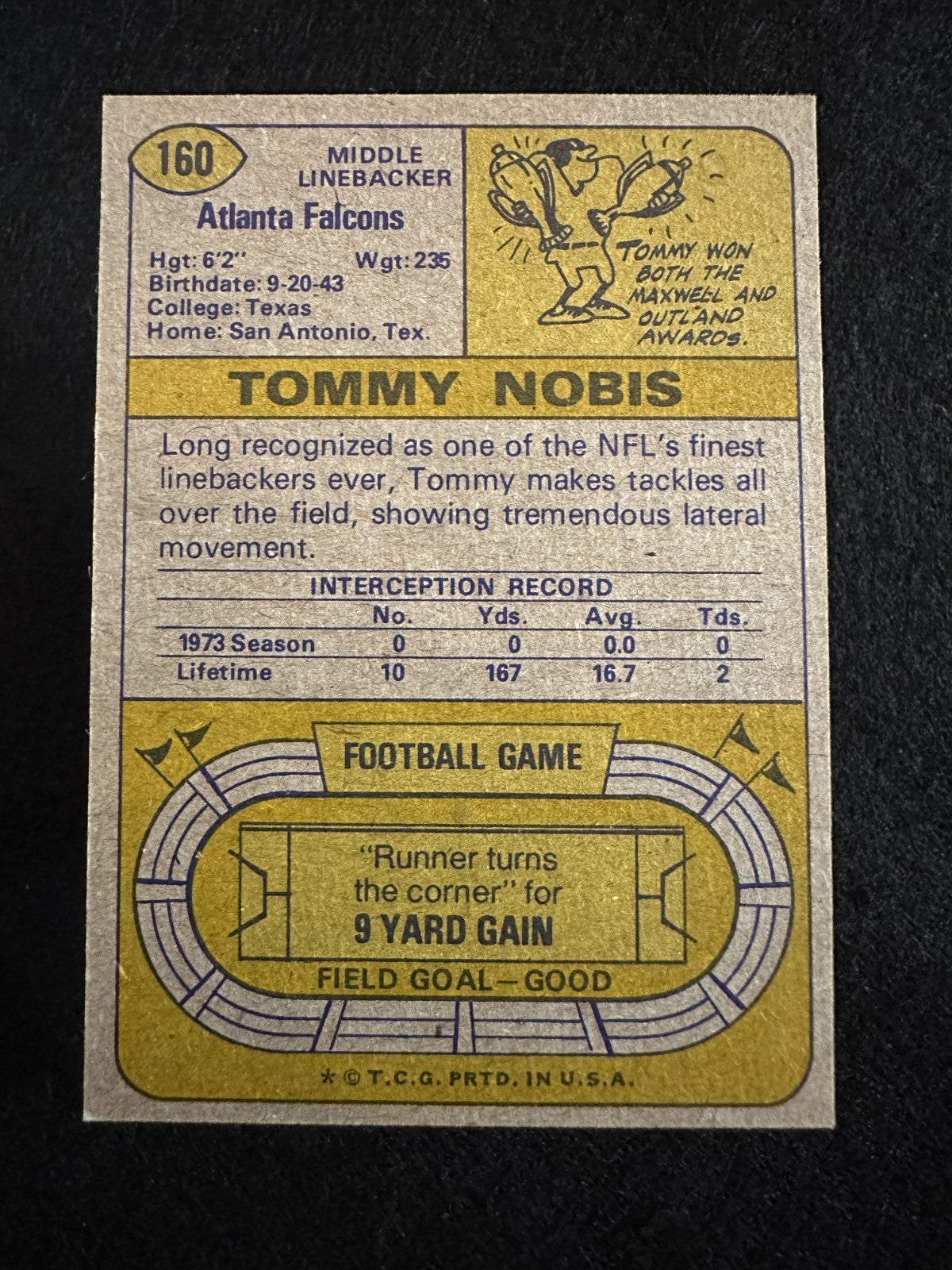1974 Topps Tommy Nobis (#160) EX Falcons LB, “Mr. Falcon” ^GRUMPYBUCK^
