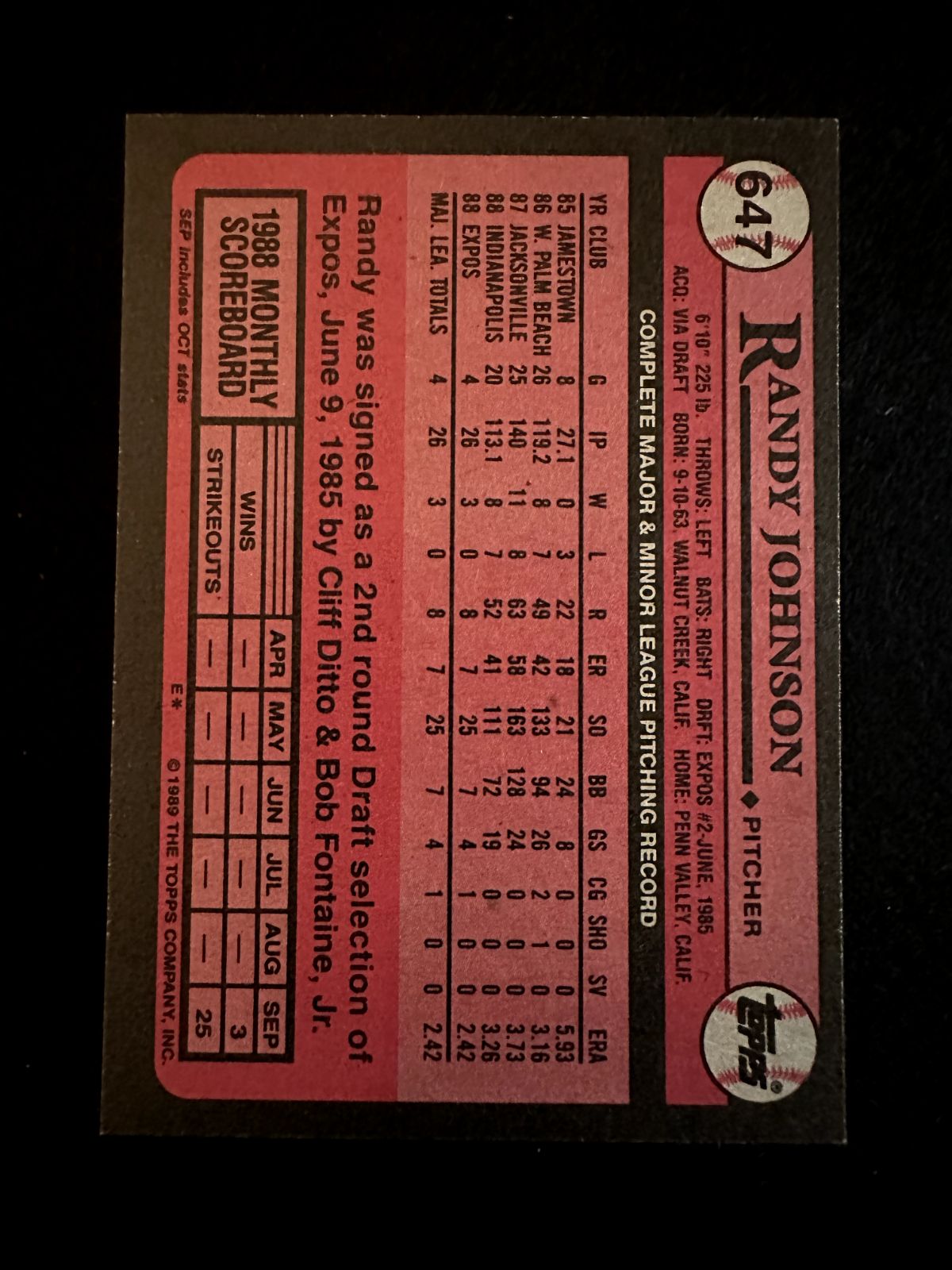 1989 Topps Randy Johnson (#647) NM HOFer, Rookie w/Expos ^GRUMPYBUCK^