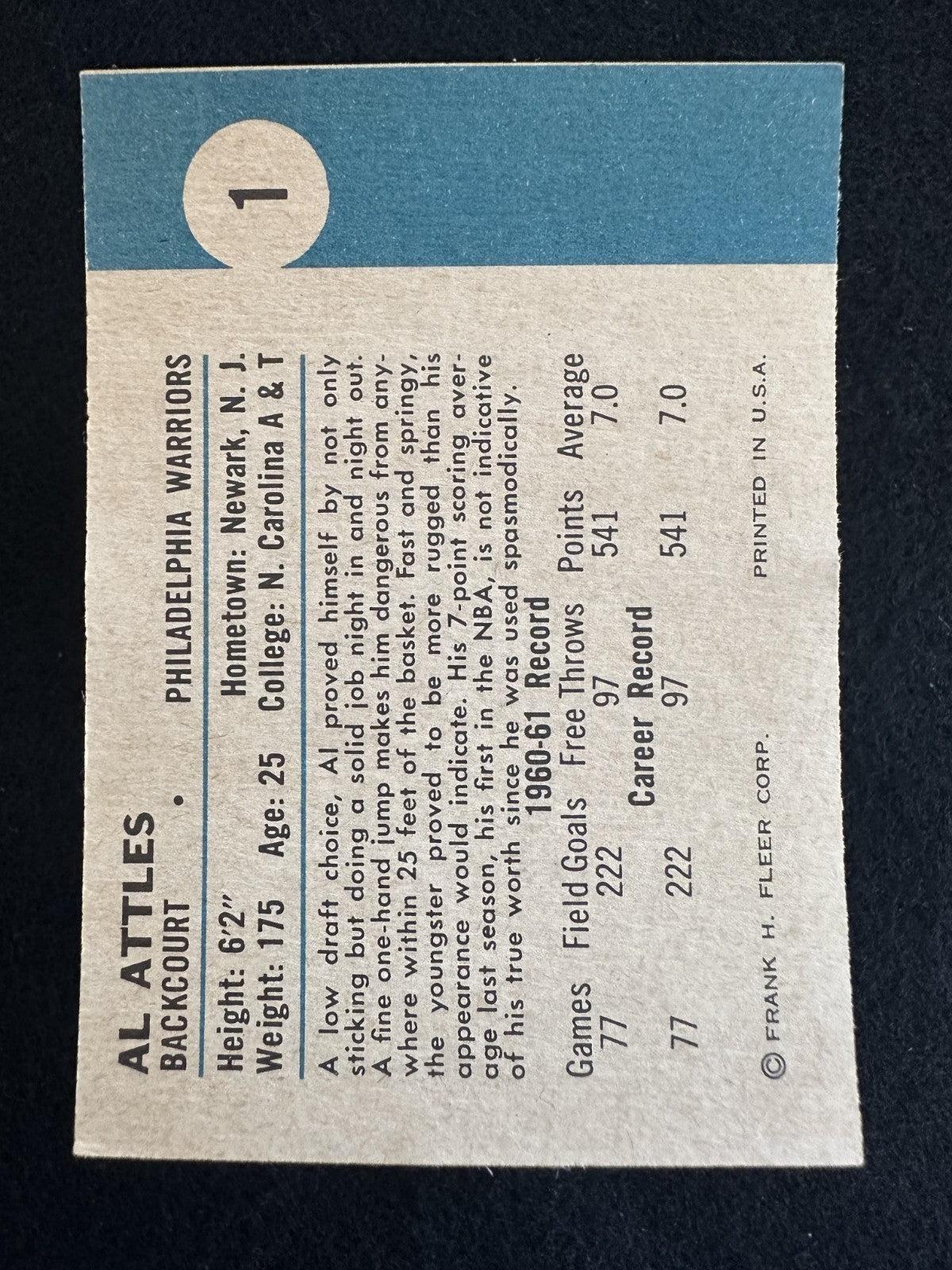 1961–62 Fleer Al Attles (#1) EX Rookie Card, Warriors Legend ^GRUMPYBUCK^