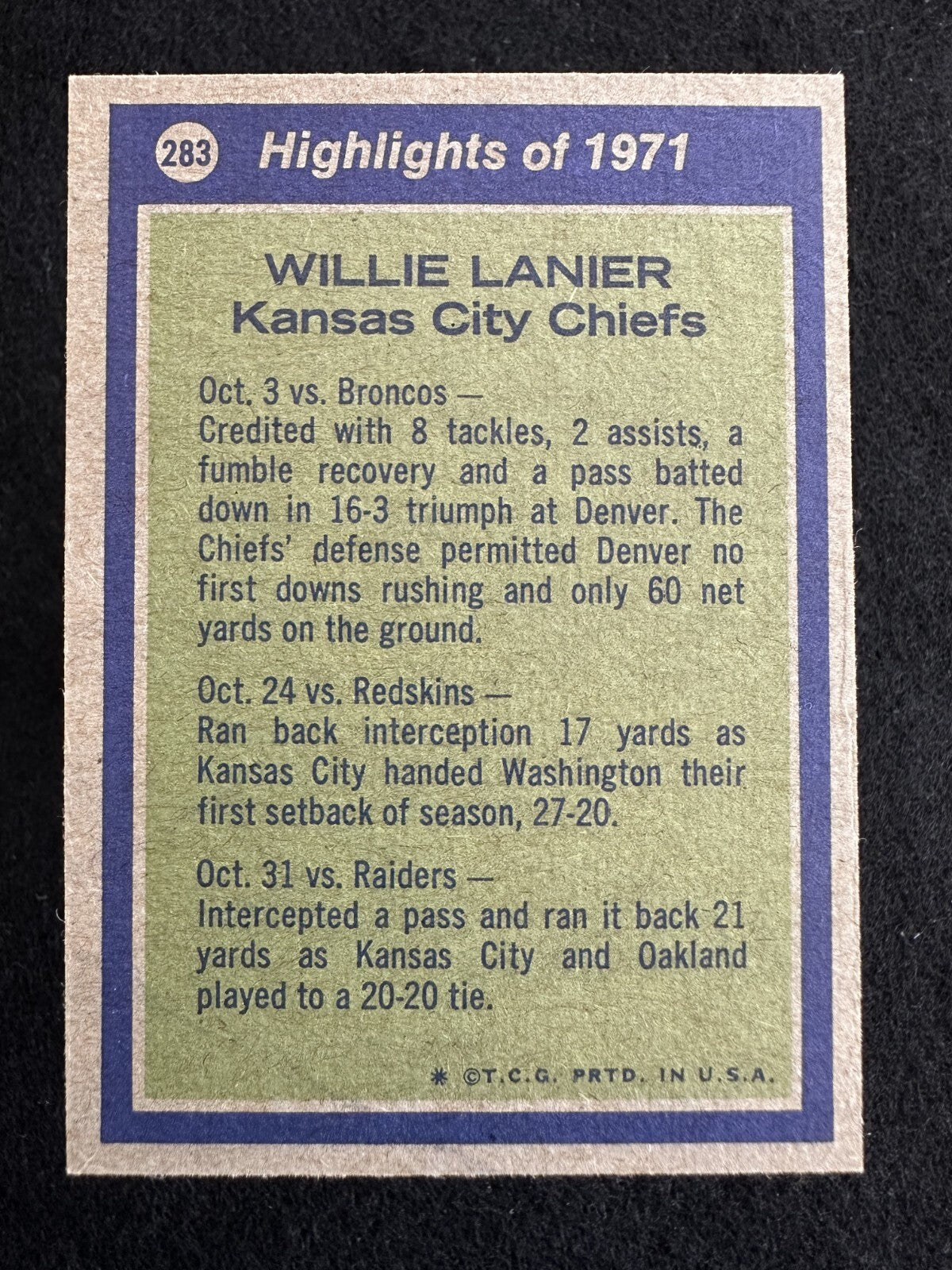 1972 Topps High Number Willie Lanier (#283) NM HOFer, Chiefs Great ^GRUMPYBUCK^