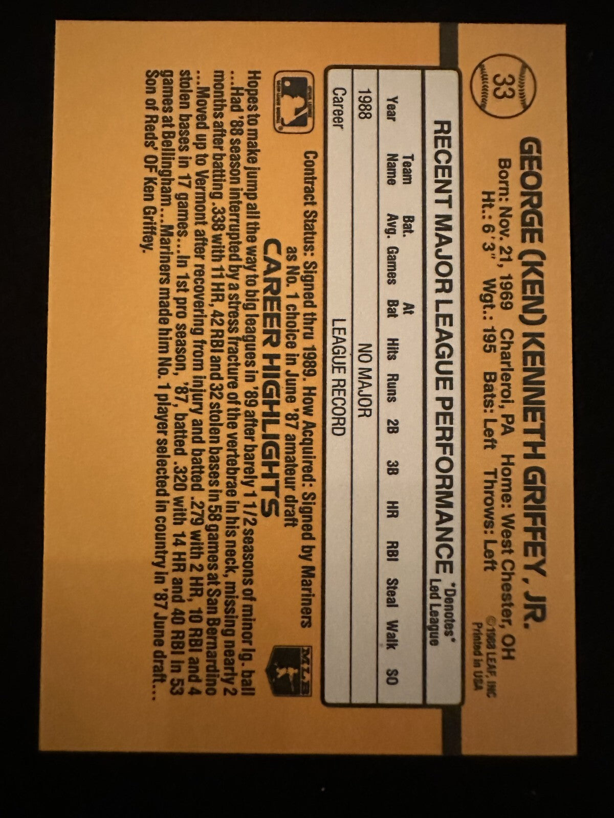 1989 Donruss Ken Griffey Jr. (#33) NM HOFer, Rookie Card ^GRUMPYBUCK^