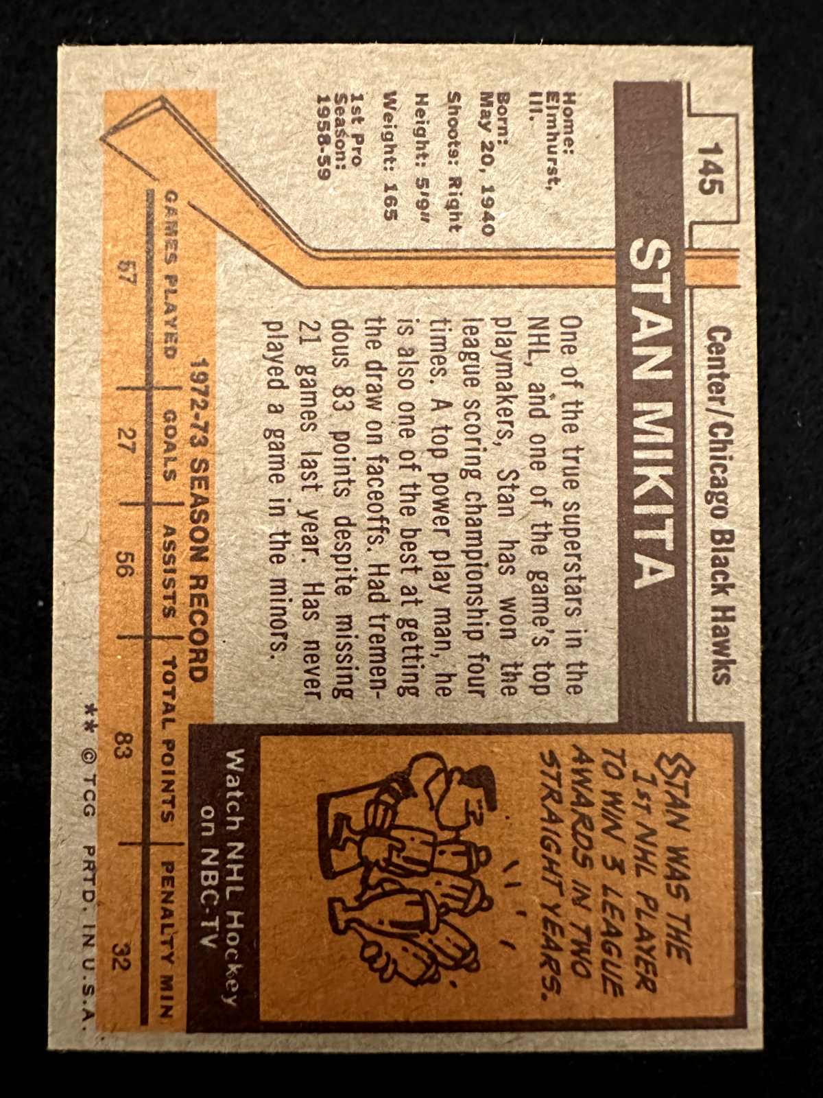 1973–74 Topps Stan Mikita (#145) NM HOFer, Blackhawks Great ^GRUMPYBUCK^