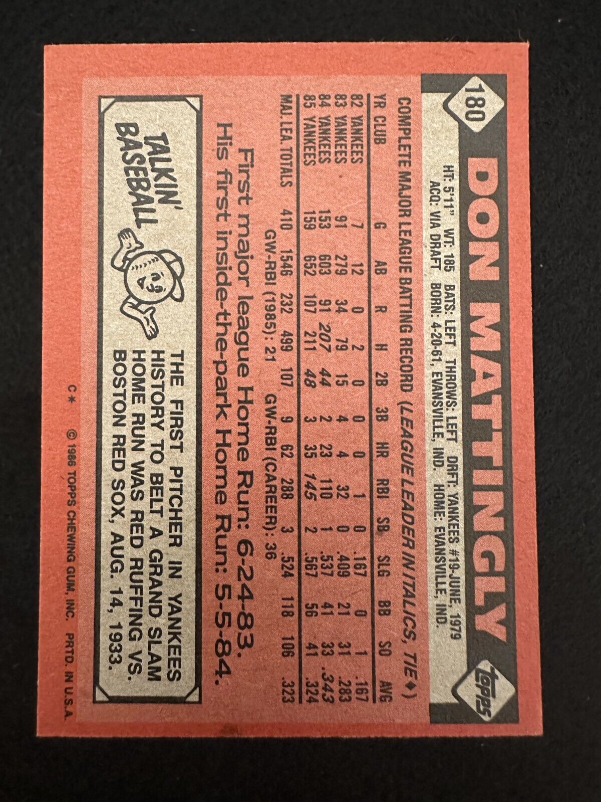 1986 Topps Don Mattingly (#180) EX AL MVP, Yankees Great ^GRUMPYBUCK^