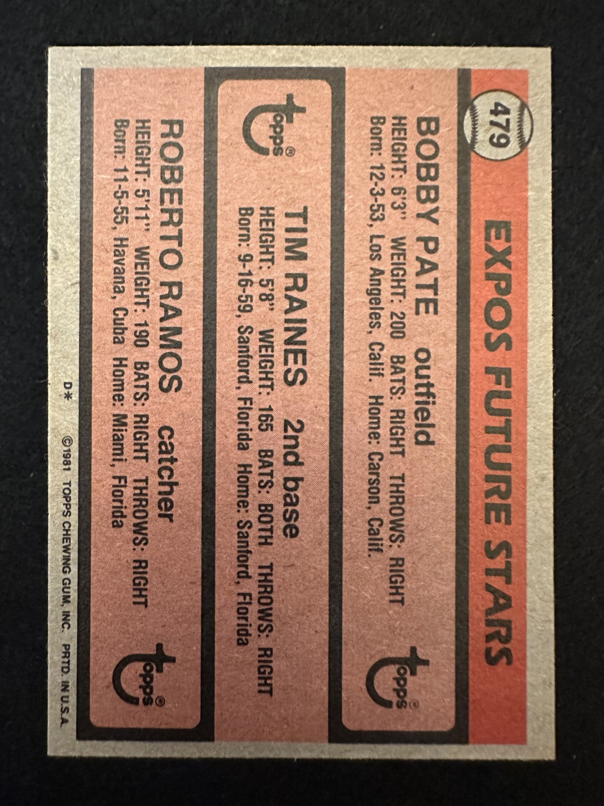 1981 Topps Future Stars (#479) EX Rookie Card, Tim Raines, HOFer ^GRUMPYBUCK^