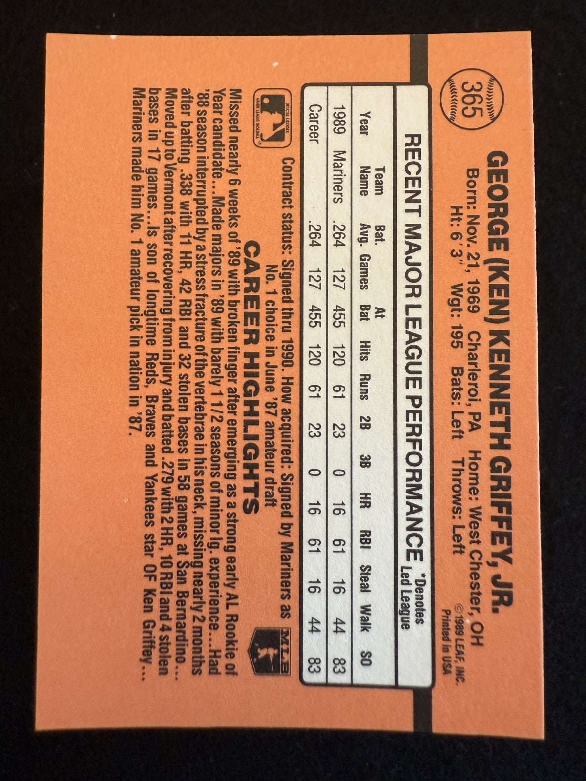 1990 Donruss Ken Griffey Jr (#365) NM HOFer, Mariners Great ^GRUMPYBUCK^