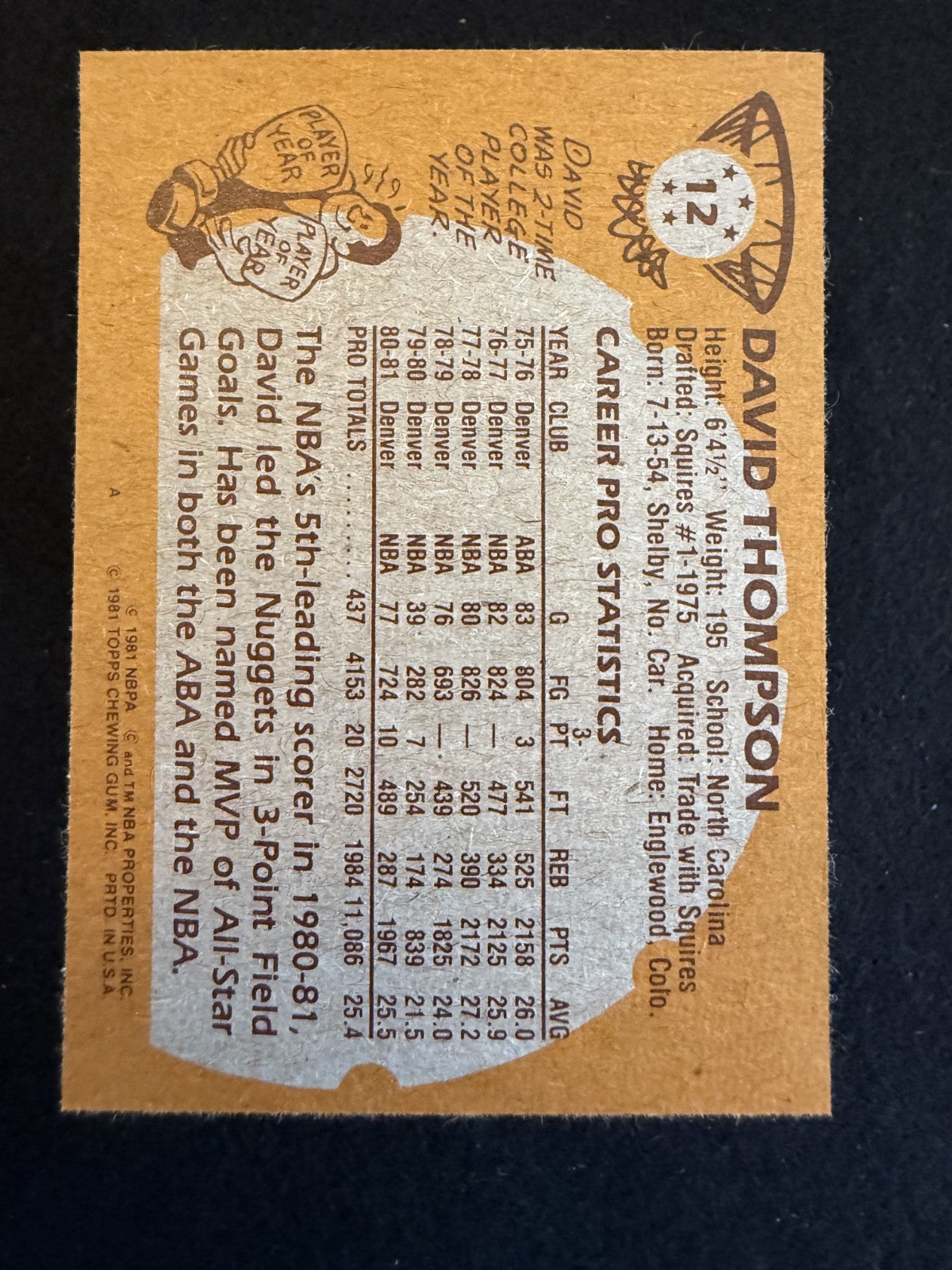 1981-82 Topps David Thompson (#12) NM Skywalker, Nuggets ^GRUMPYBUCK^