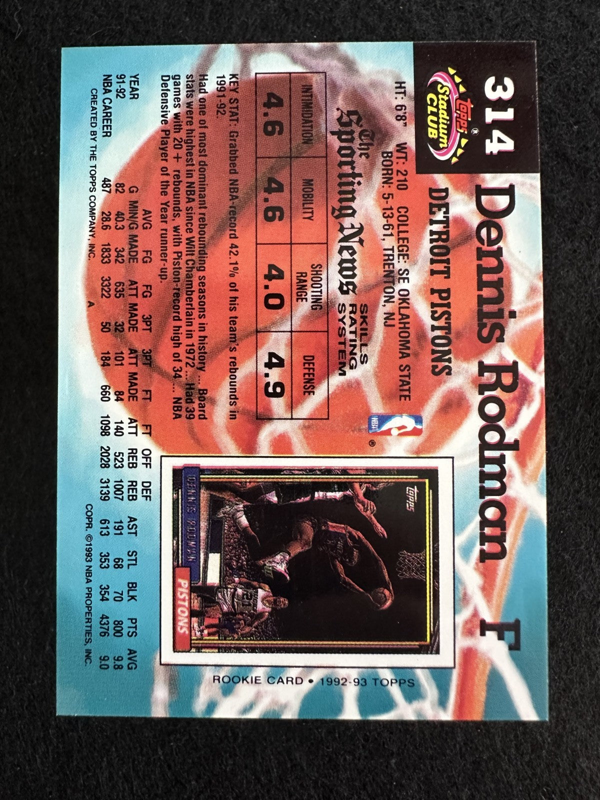 1992–93 Stadium Club Dennis Rodman (#314) NM Rebound King ^GRUMPYBUCK^