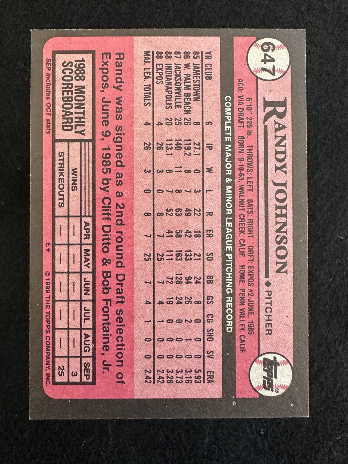 1989 Topps Randy Johnson (#647) NM Rookie Card, HOFer, Flamethrower ^GRUMPYBUCK^