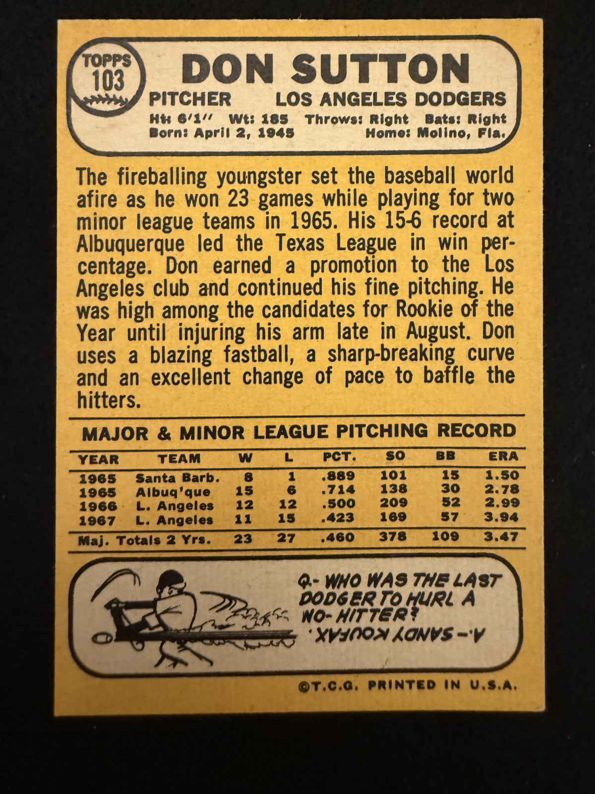 1968 Topps Don Sutton (#103) EX HOFer Young in His Career ^GRUMPYBUCK^