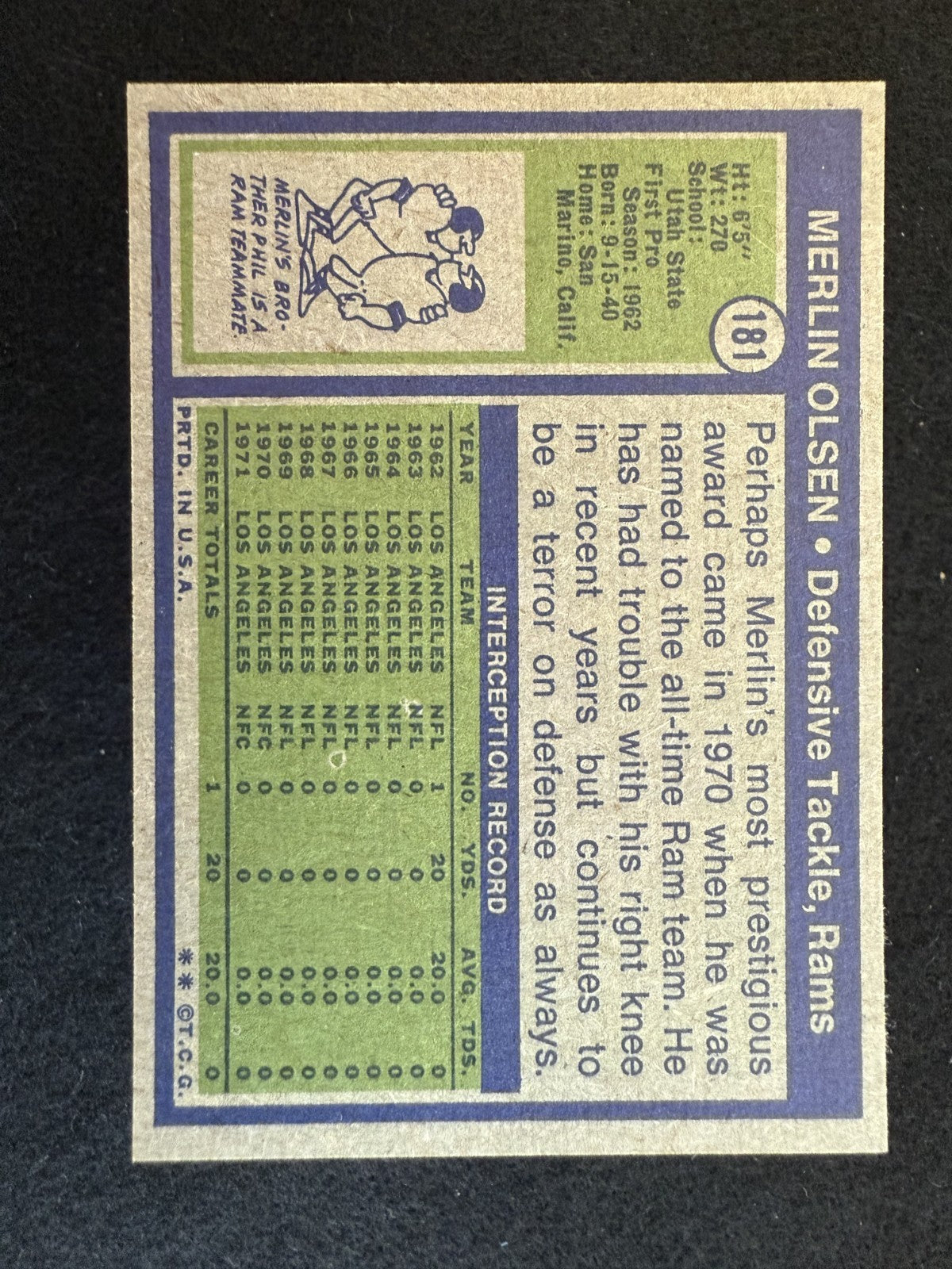 1972 Topps Merlin Olsen (#181) NM HOFer Rams Fearsome Foursome ^GRUMPYBUCK^