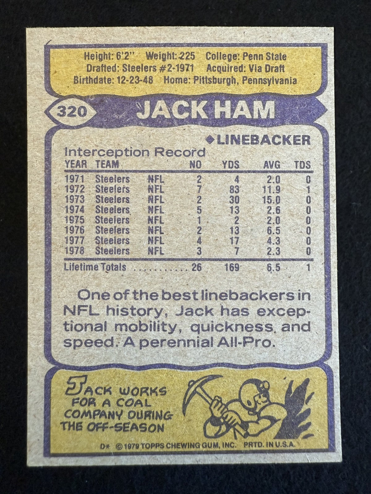 1979 Topps Jack Ham (#320) EX HOFer, Steelers Great ^GRUMPYBUCK^