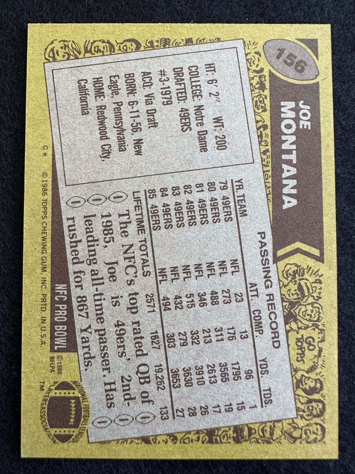 1986 Topps Joe Montana (#156 C) NM HOFer, 49ers Legend ^GRUMPYBUCK^*