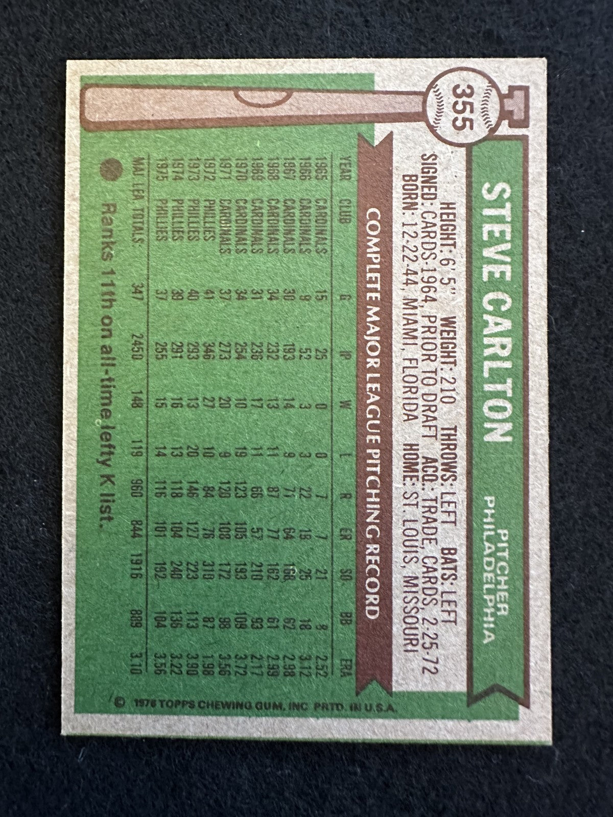 1976 Topps Steve Carlton (#355) EX HOFer, Lefty, Phillies Ace ^GRUMPYBUCK^