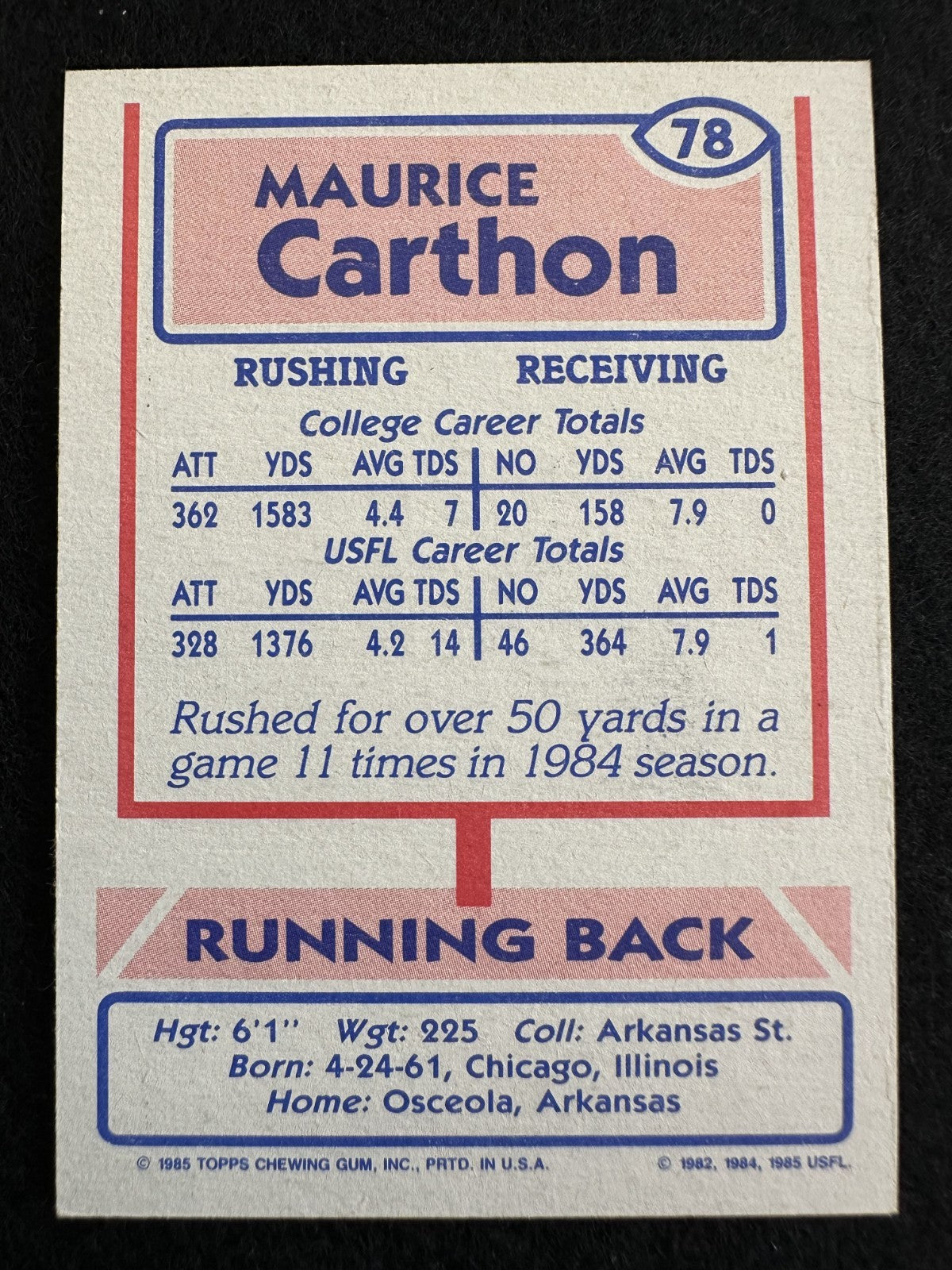 1985 Topps USFL Maurice Carthon (#78) NM Rookie Card ^GRUMPYBUCK^