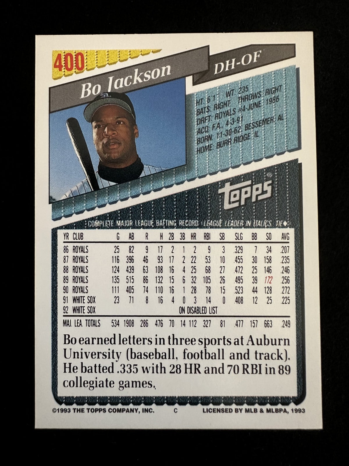 1993 Topps Gold Bo Jackson (#400) NM Royals Legend ^GRUMPYBUCK^