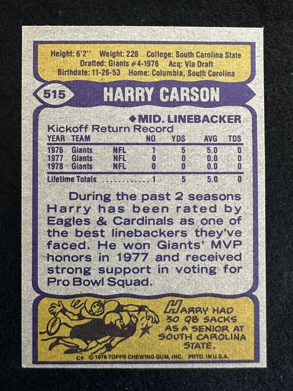 1979 Topps Harry Carson (#515) NM HOFer, Giants Great SB Champ ^GRUMPYBUCK^