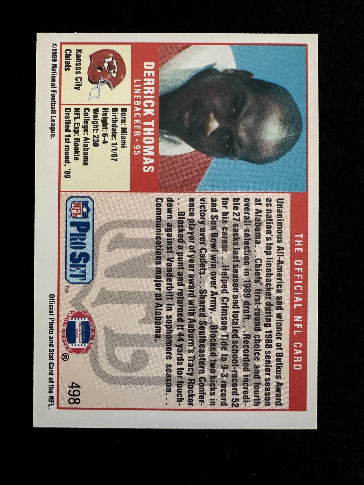 1989 Pro Set Derrick Thomas (#498) NM Rookie Card, Chiefs Legend ^GRUMPYBUCK^