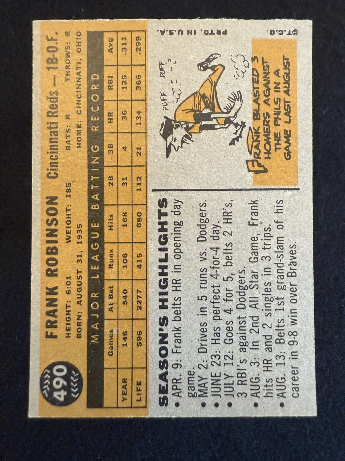 1960 Topps Frank Robinson (#490) EX HOFer, MVP, WS Winner ^GRUMPYBUCK^
