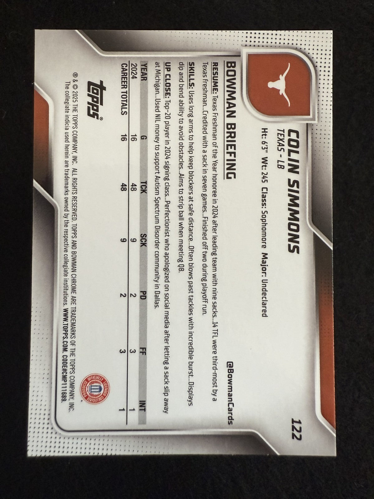 2025 1st Bowman University Chrome Colin Simmons (#122) MINT Texas ^GRUMPYBUCK^