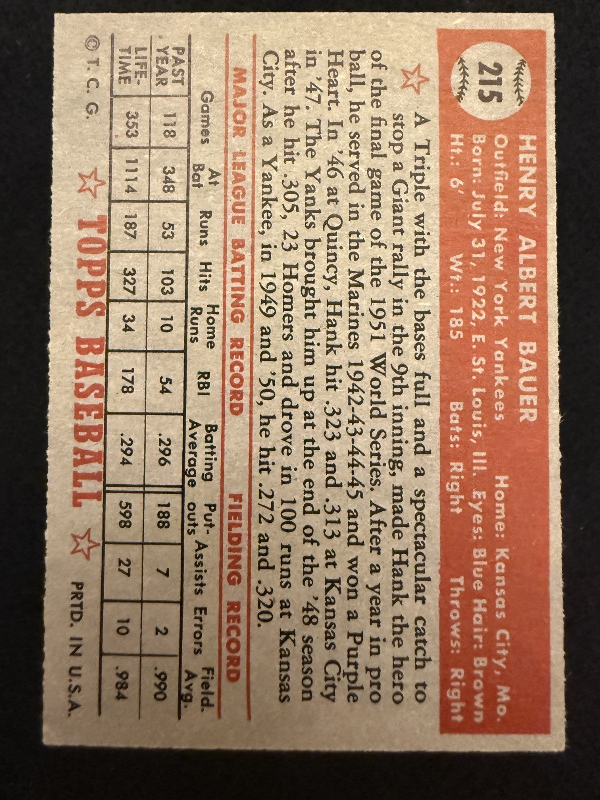 1952 Topps Hank Bauer (#215) Wow! Amazing Condition, Classic Set ^GRUMPYBUCK^
