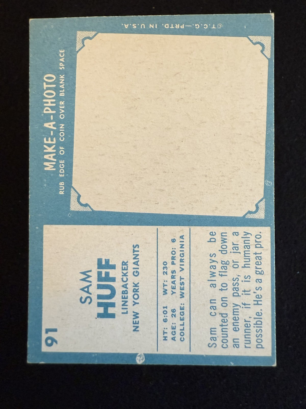 1961 Topps Sam Huff (#91) EX HOFer, Giants Great, NFL Tough Guy ^GRUMPYBUCK^