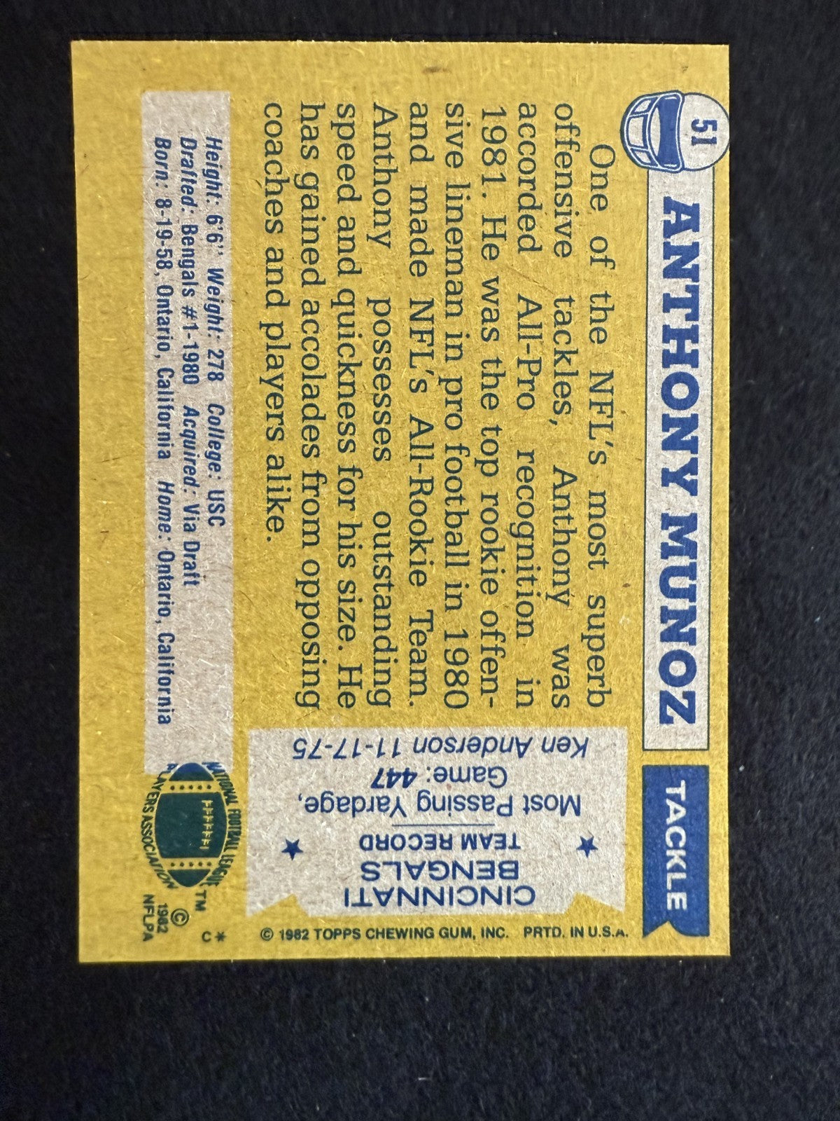 1982 Topps Anthony Muñoz (#51) MINT HOFer, Rookie Card, Bengals ^GRUMPYBUCK^