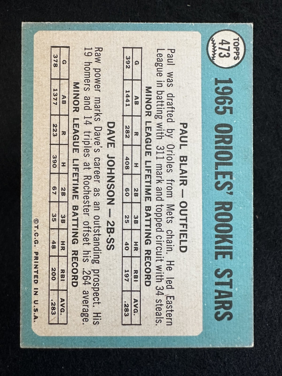 1965 Topps Rookie Stars (#473) EX Davey Johnson/Paul Blair ^GRUMPYBUCK^