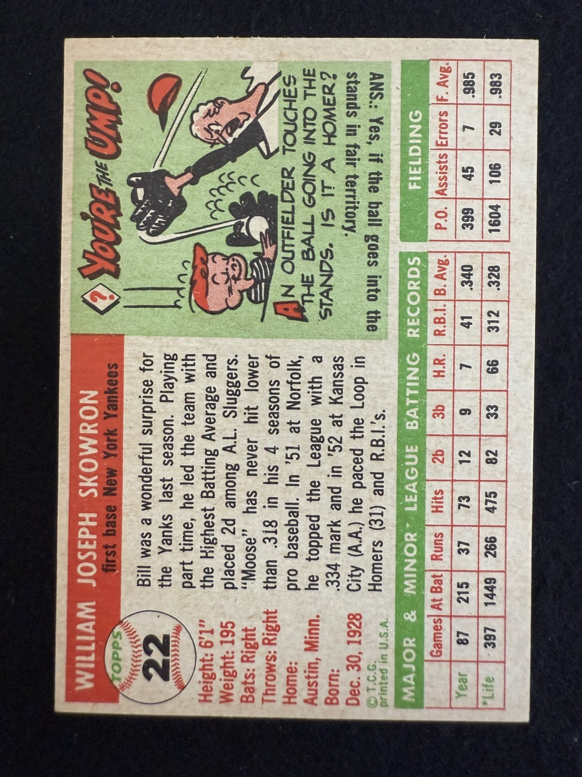 1955 Topps Bill Skowron (#22) EX Yankees 1B, “Moose” Slugger ^GRUMPYBUCK^