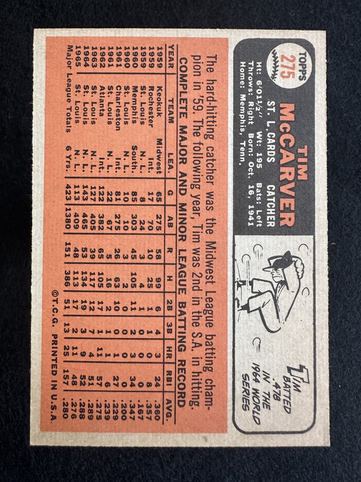 1966 Topps Tim McCarver (#275) EX Cardinals Catcher, All Star ^GRUMPYBUCK^