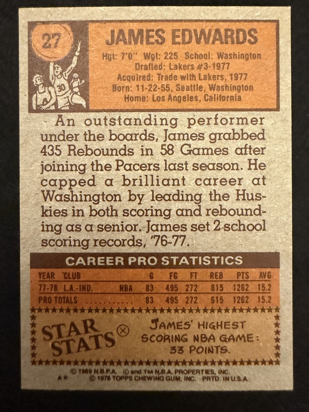 1978-79 Topps James Edwards (#27) EX Rookie Card, NBA Champ ^GRUMPYBUCK^