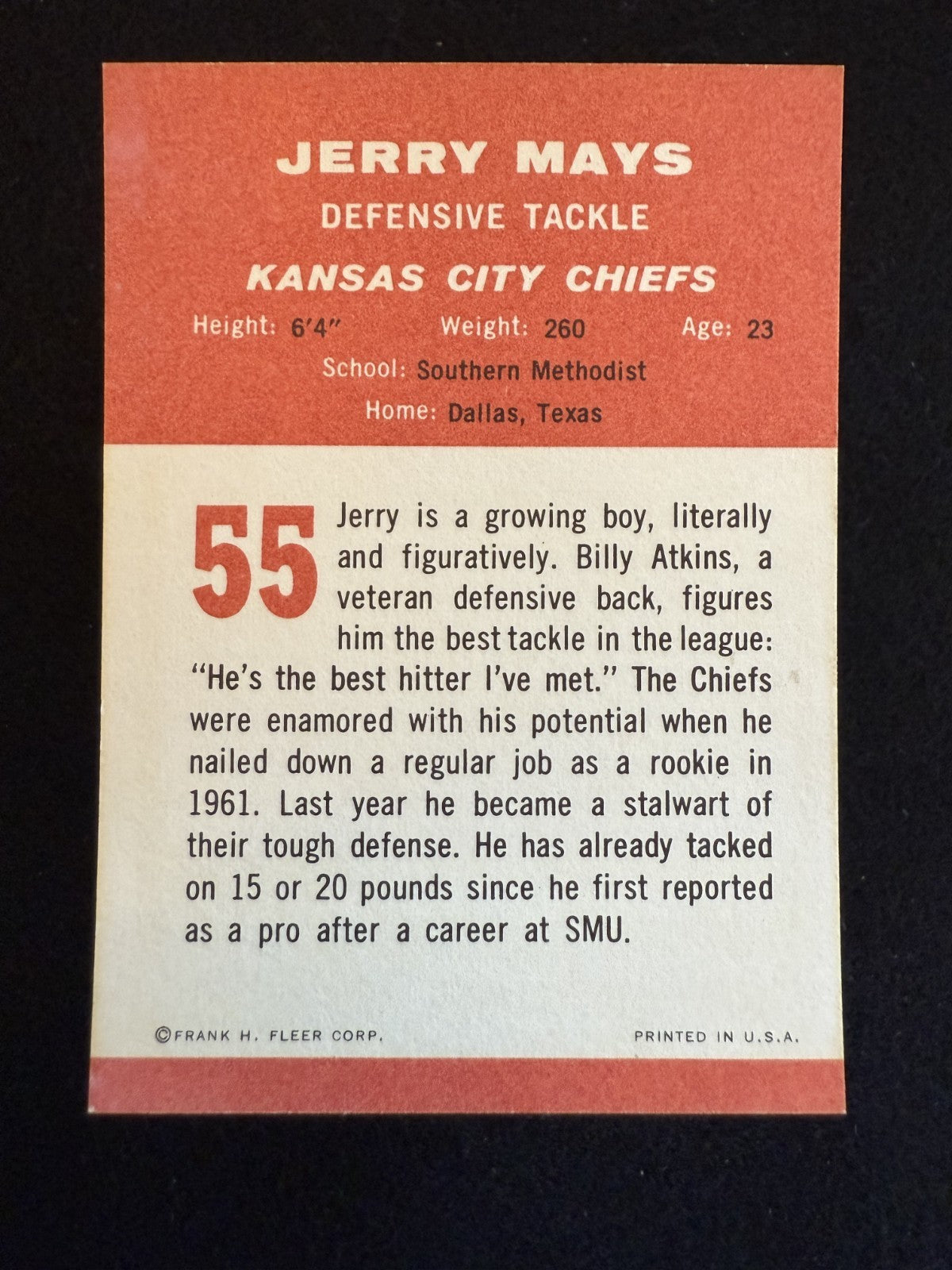 1963 Fleer Jerry Mays (#55) NM AFL Star, Chiefs Defensive Anchor ^GRUMPYBUCK^