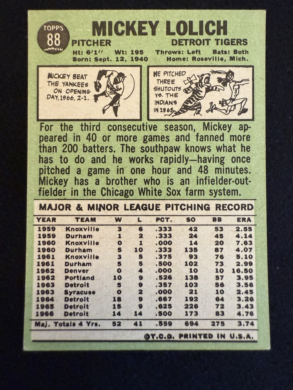1967 Topps Mickey Lolich (#88) EX Tigers Great, WS Hero ^GRUMPYBUCK^
