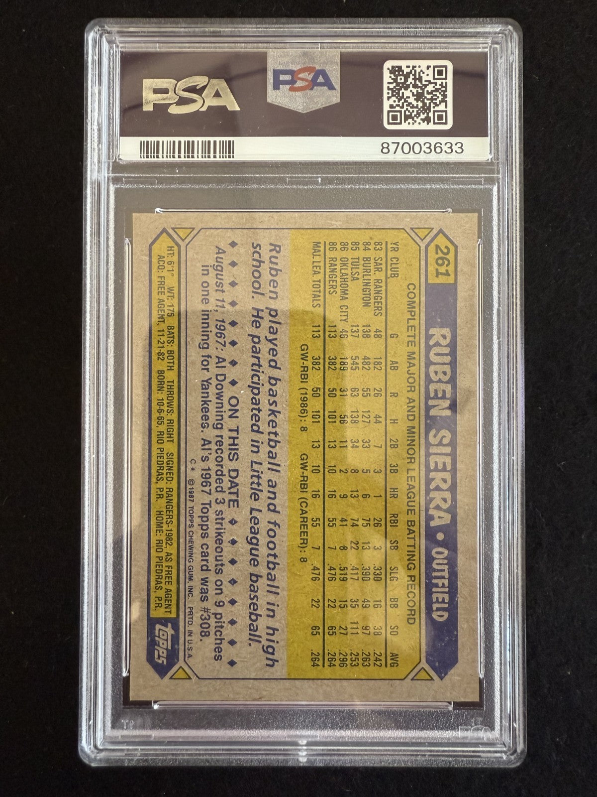 1987 Topps Ruben Sierra (#261) PSA 10 Rookie Card, Rangers Star ^GRUMPYBUCK^