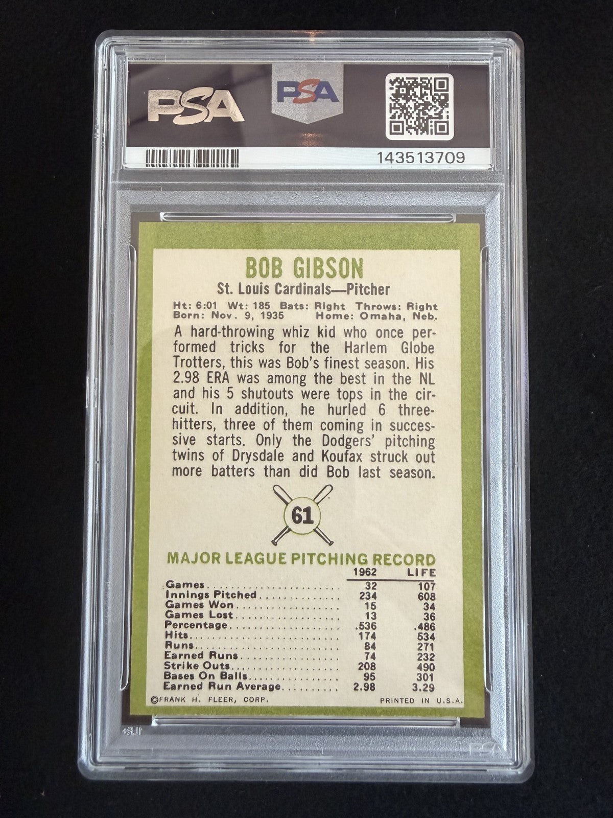 1963 Fleer Bob Gibson (#61) PSA 8 Brand-New Slab ^GRUMPYBUCK^